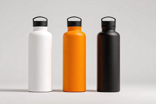 Three colored reusable water bottles