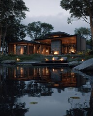 Fototapeta premium Modern luxury house by serene lake, warm lights reflect at dusk, cozy retreat