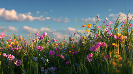 Obraz premium Beautiful wildflower meadow with colorful blossoms under blue sky