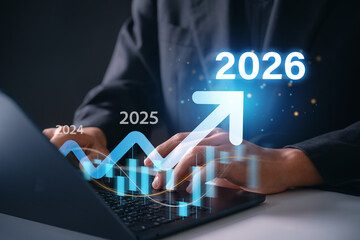 Business growth forecast with futuristic data analytics for 2024 to 2026 showing hand typing on laptop, upward arrow trend, financial planning and strategic investment for global success