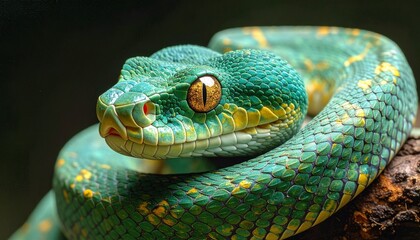 Fototapeta premium Close-up of a vibrant green snake with captivating eyes and scales.