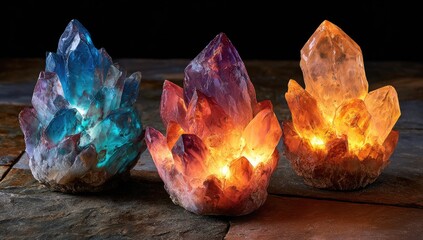 Three illuminated crystal clusters,  various colors, on a stone surface.  A vibrant, deep blue cluster, a rich purple-orange cluster, and a pale orange-yellow cluster are displayed.