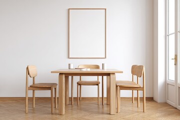Modern dining area mockup with empty frame