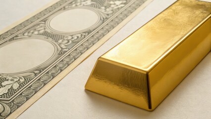 A gold bar rests on textured paper featuring intricate designs, symbolizing wealth and luxury.