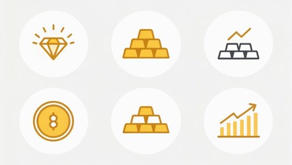 Icons representing wealth, including gold bars, a diamond, and upward trends, illustrating financial growth and investment themes.