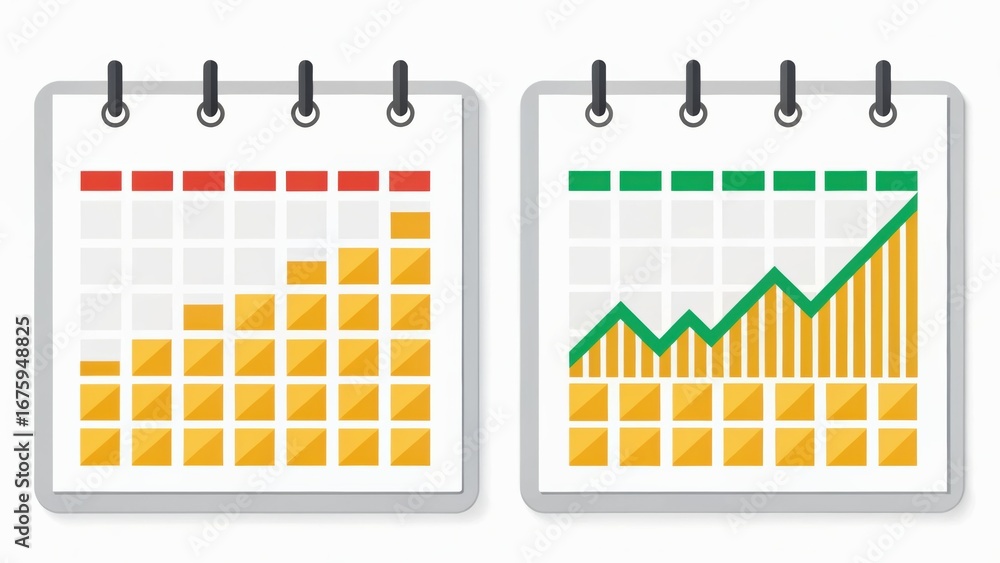 Poster graphs displaying data trends with colorful blocks and a rising line chart.