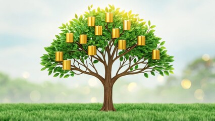 A stylized tree with golden lanterns hanging from its branches, set against a blurred green background, symbolizing growth and illumination.