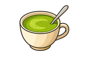 Green smoothie in a beige cup with a spoon on transparent background cup of matcha with spoon