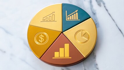 A circular diagram featuring segments with financial graphs and symbols, set against a marble background.