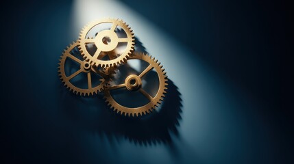 Interlocking bronze gears against a blue backdrop, suitable for innovation concepts, engineering graphics, or abstract backgrounds.