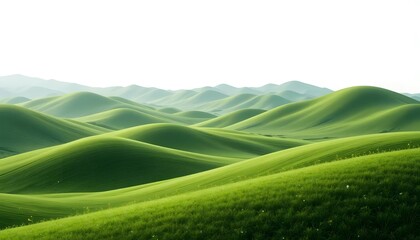 Lush Green Rolling Landscape with Gentle Undulations and Tranquil Atmosphere on White Background