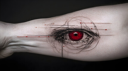 Intense red eye tattoo with geometric design on skin evokes mystery, power, and the allure of body art for edgy modern aesthetics