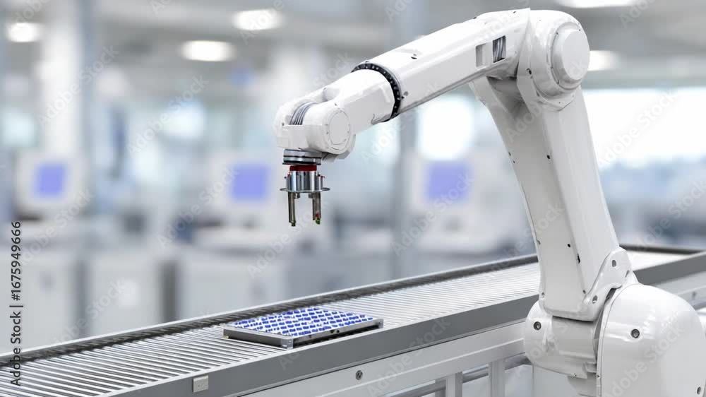 Poster robotic arm in factory: a close-up shot captures a sleek robotic arm meticulously handling a small e