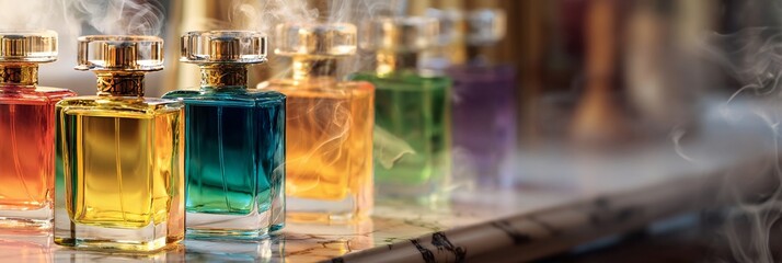 Vibrant and elegant perfume bottles in various colors are beautifully arranged, creating an enchanting atmosphere filled with mystery and luxury, perfect for fragrance enthusiasts and marketers.