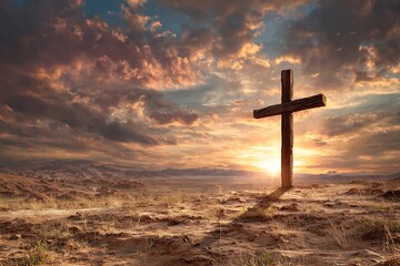 Wooden cross standing in desert at sunset with dramatic sky