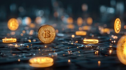 Digital Bitcoin coins hover over a circuit board