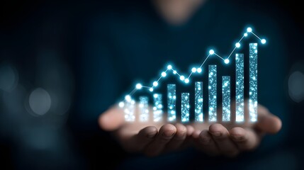 A glowing bar graph, signifying growth, is held aloft in cupped hands against a dark backdrop.