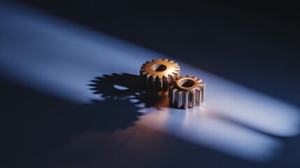 Interlocking bronze gears against a blue backdrop, suitable for innovation concepts, engineering graphics, or abstract backgrounds.