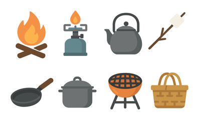 Outdoor cooking icons: campfire, grill, kettle, picnic basket, marshmallow stick, stove, pot, pan