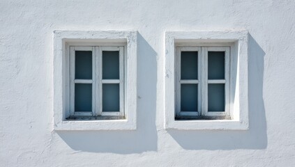 Two identical white framed windows on a whitewashed wall