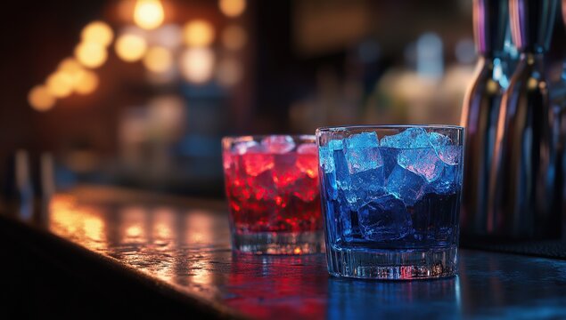 A bar counter with three glasses of blue and red drinks, each glass filled to the brim with ice cubes