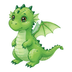 Fototapeta premium Cute Green Dragon Character in Children Book Style Adorable Creature Isolated Hand Drawn Watercolor Painting Illustration