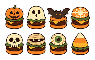 Fun halloween burger icons featuring pumpkin, ghost, bat, and more