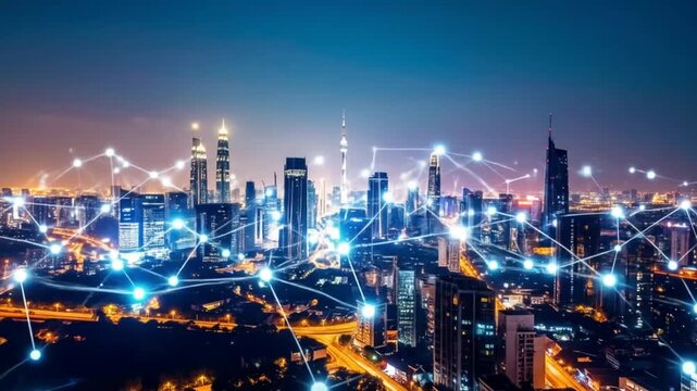 Futuristic cityscape showcasing intricate digital network connections across modern urban skyline - Powered by Adobe