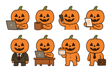 Halloween pumpkin characters in various business and casual activities