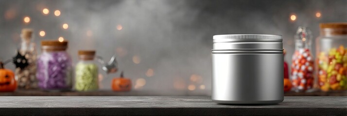 Sleek metallic container stands prominently on wooden surface, surrounded by blurred glass jars filled with colorful contents against soft bokeh background