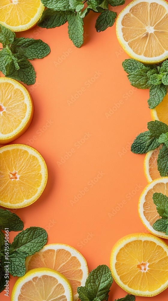 Poster vibrant citrus and mint composition creating a refreshing summer frame with bright yellow lemon slic