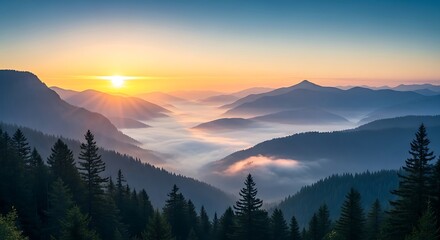 Majestic sunrise paints the mountain peaks with vibrant colors.