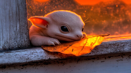 Little creature rests on a golden leaf, sunlight streaming through a rustic window, a heartwarming and magical scene evoking peace and wonder