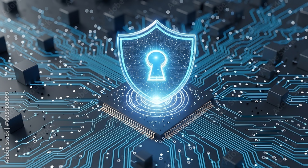 Poster digital shield with keyhole on computer chip, symbolizing cybersecurity, tote bag mockup, canvas tot