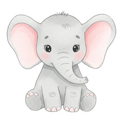 Naklejka premium Adorable Cute Baby Elephant Sitting View Children Book Style Isolated Hand Drawn Watercolor Painting Illustration