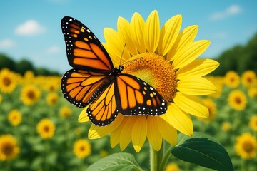 Naklejka premium Monarch butterfly resting on vibrant sunflower in blooming field under clear blue sky on summer day, bright light and natural background scene. Ai generative