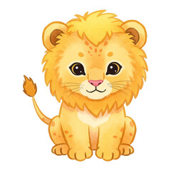 Cute Little Lion Cub in Children Book Style Sitting Front View Isolated Hand Drawn Watercolor Painting Illustration