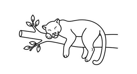 Sleeping Big Cat on Tree Branch Line Art Drawing.