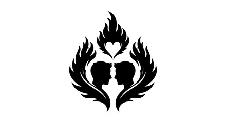 Stylized Black Silhouette of Two Heads Facing Each Other with Flaming Wings and Heart.
