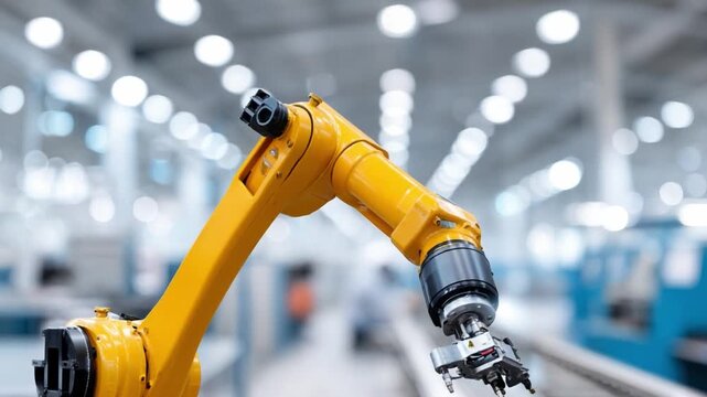 Robotic Arm in Manufacturing:  An industrial yellow robotic arm, symbolizing technological prowess and automation in a modern factory, reaching with precision.