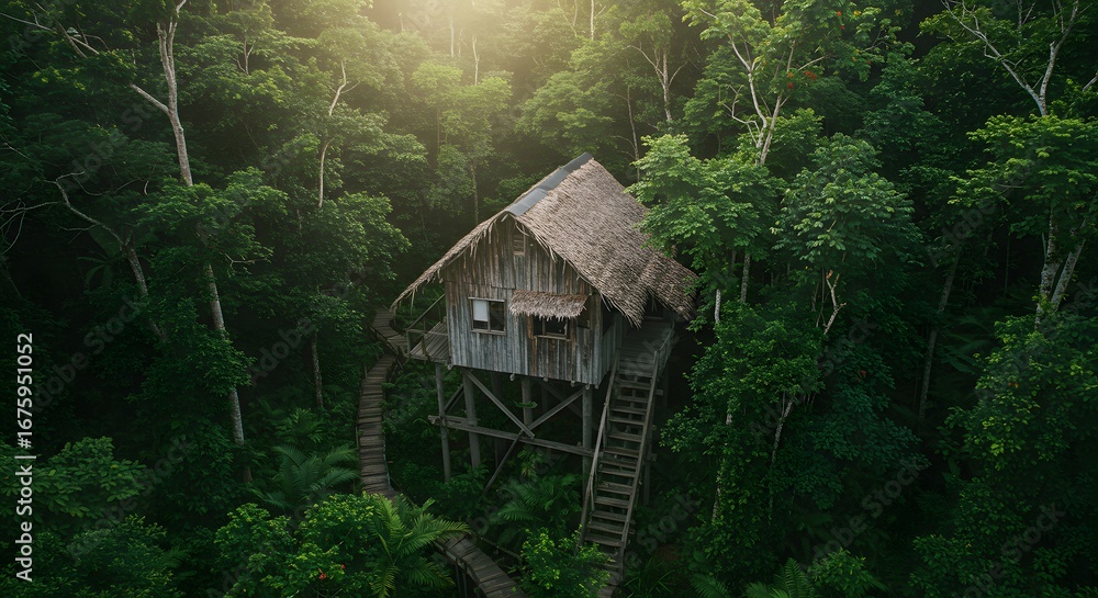 Poster aerial view of a rustic treehouse nestled in lush green rainforest with sunlight filtering through