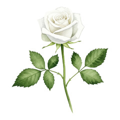 Obraz premium Beautiful White Rose with Green Stalk and Leaves Isolated Hand Drawn Watercolor Painting Illustration