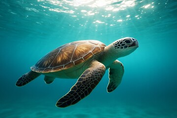 Fototapeta premium Sea turtle swimming gracefully in clear blue ocean with sunlight rays penetrating water surface and calm turquoise background beneath surface. Ai generative