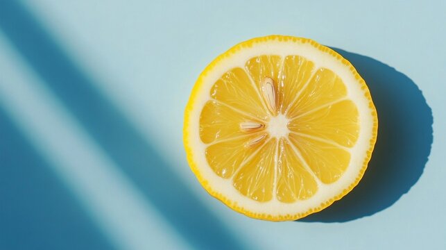 Juicy lemon slice resting on a soft blue surface, beautifully lit to showcase its vibrant yellow color and details, perfect for culinary or refreshing beverage themes in stock photography.