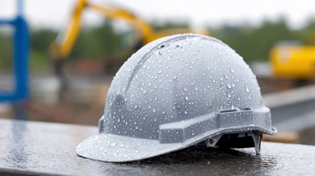 Safety in the Storm: A weathered construction helmet glistens with raindrops, standing resilient against the elements, a symbol of worker safety and preparedness. 