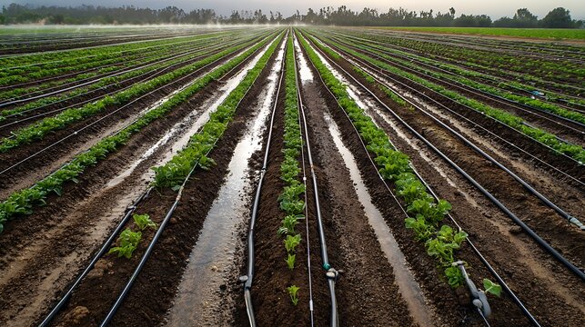 Aerial view of lettuce farm rows with irrigation system agriculture field landscape cultivation system - Powered by Adobe
