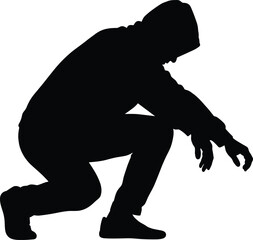Silhouette of Man Squatting with Hoodie, Streetwear Style Urban Pose, Isolated Vector Illustration for Graphic Design or Advertising Use