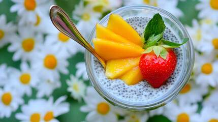 Delicious and refreshing chia seed pudding with ripe mango and strawberry for a healthy and vibrant breakfast or snack option