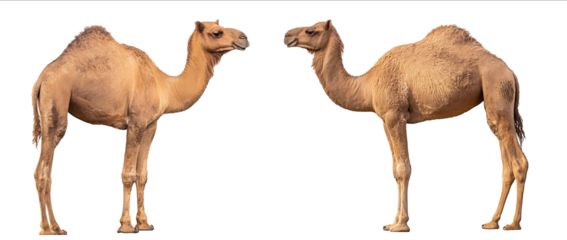 Two sidebyside camels standing isolated on a white background with a clipping path Fullbody portrait of a camel front and back view Fulllength