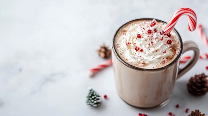 Festive winter hot chocolate with whipped cream, peppermint sprinkles, and candy cane in a cozy ceramic mug, surrounded by pine cones on a soft marble background
